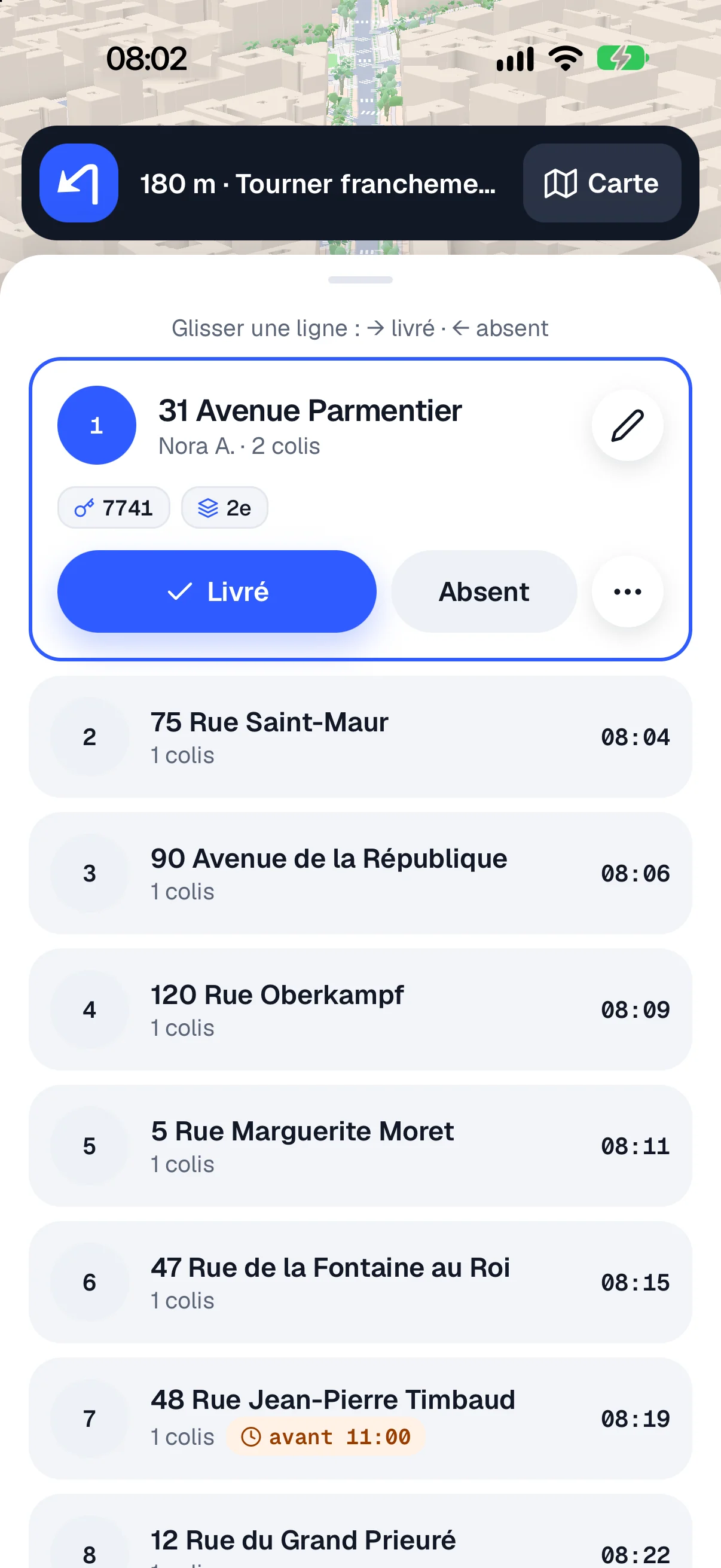Liste des arrêts avec digicode, étage et heures de passage