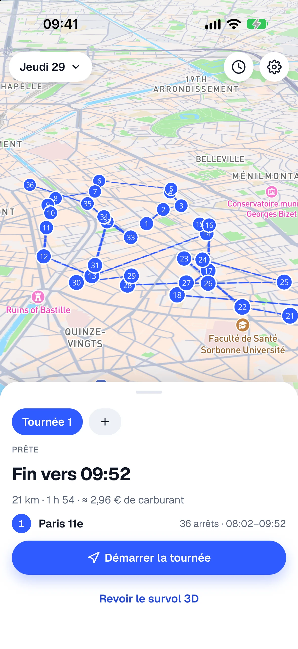 Tournée de 36 arrêts optimisée sur la carte, fin vers 09:52