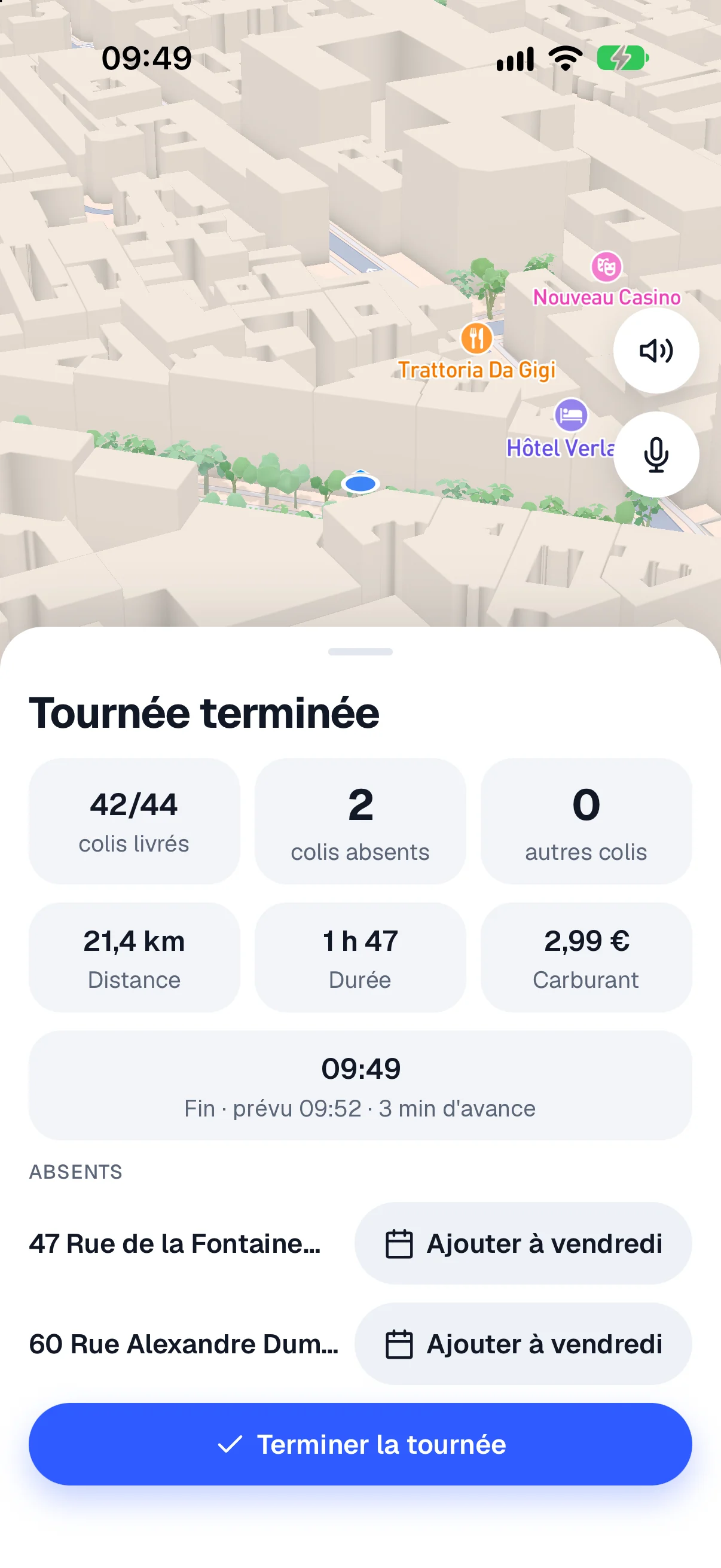 Récap de fin de tournée : colis livrés, absents, kilomètres, durée et carburant